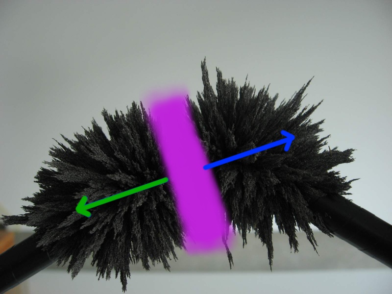 Datei:Magnet in Eisenfeilspäne N N mit Feld Rest Pfeile.jpg