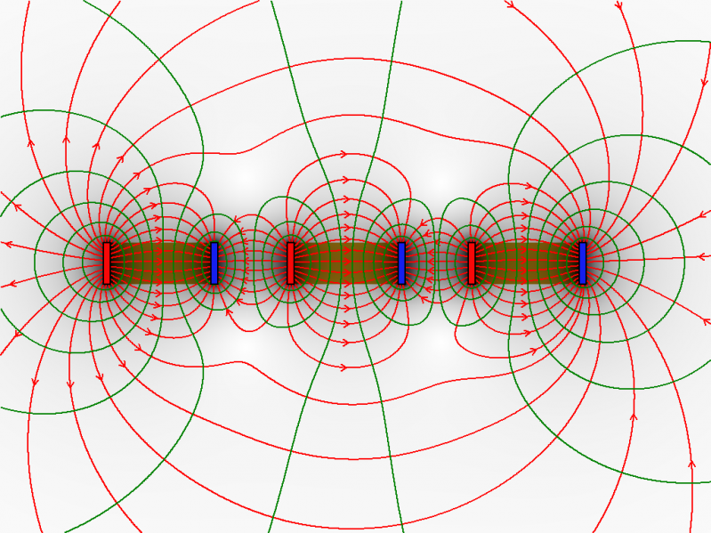 Datei:Drei Stabmagnete sw Linien Pfeile Flächen.png