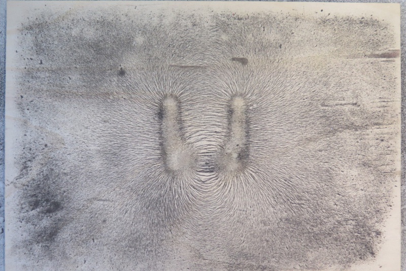 Datei:Magnetfeld Eisenspäne Stabmagnet mit zwei Weicheisen.jpg