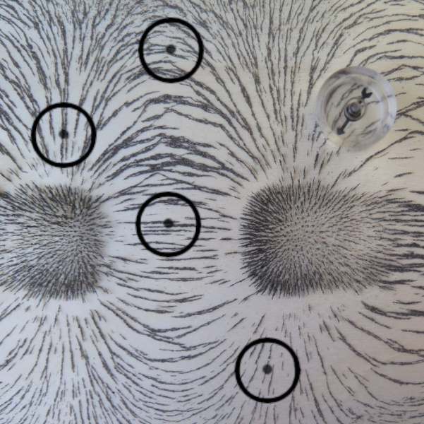 Datei:Magnetfeld Eisenspäne ungleiche Pole Kompass 2 Ausschnitt mit leeren Kompassen.jpg